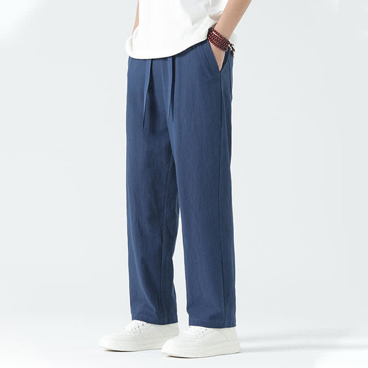 Buddha Stones Pantaloni dritti da uomo estivi in ​​cotone, minimalisti, con elastico in vita e tasche. - image 5