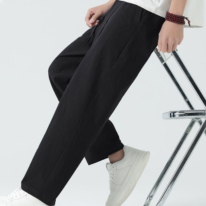 Buddha Stones Pantaloni dritti da uomo estivi in ​​cotone, minimalisti, con elastico in vita e tasche. - image 12