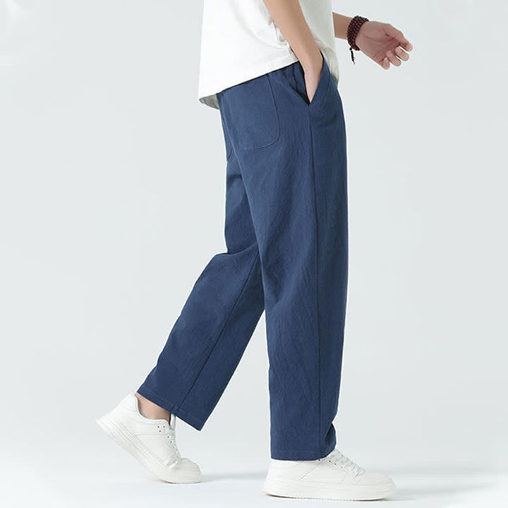 Buddha Stones Pantaloni dritti da uomo estivi in ​​cotone, minimalisti, con elastico in vita e tasche. - image 3