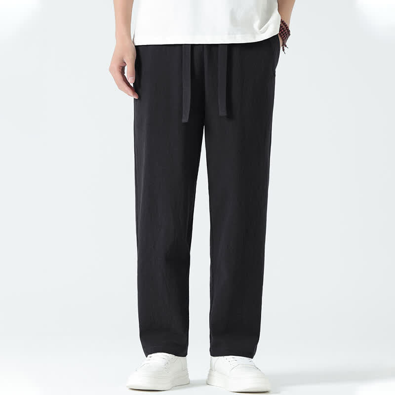 Buddha Stones Pantaloni dritti da uomo estivi in ​​cotone, minimalisti, con elastico in vita e tasche. - image 9