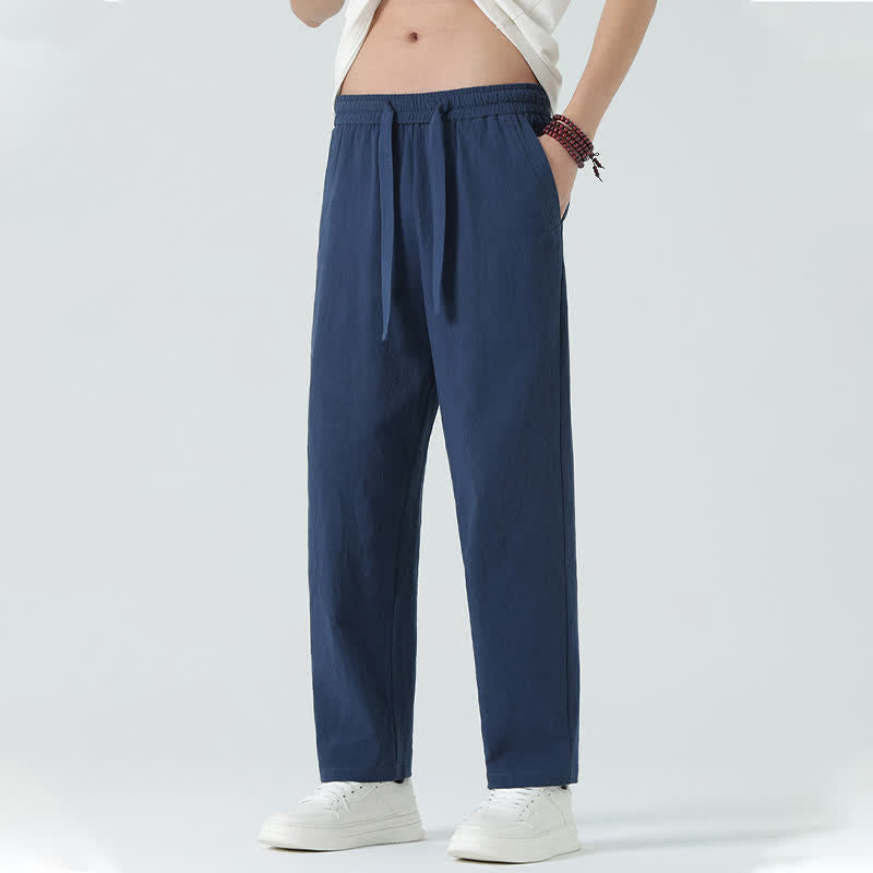 Buddha Stones Pantaloni dritti da uomo estivi in ​​cotone, minimalisti, con elastico in vita e tasche. - Blu notte - US/UK/AU46, EU56 (5XL) - image 0