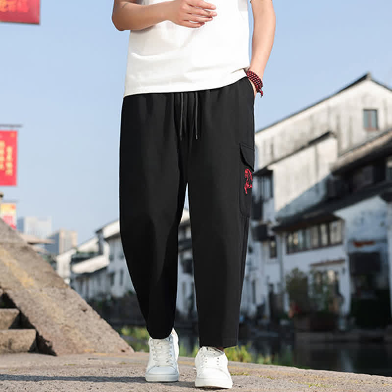 Buddha Stones Pantaloni harem da uomo estivi casual con coulisse, ricami e tasche. - Nero - US/UK/AU46, EU56 (5XL) - image 0