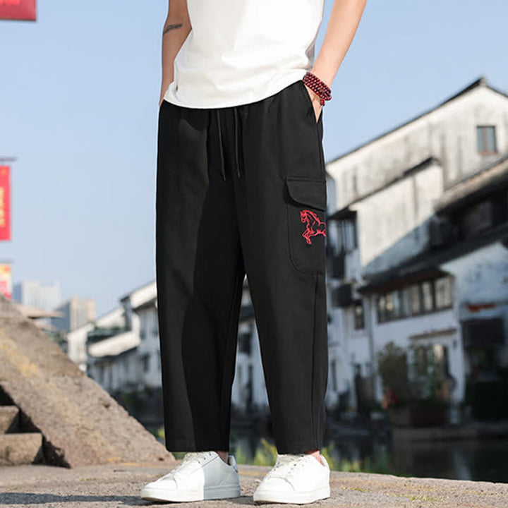 Buddha Stones Pantaloni harem da uomo estivi casual con coulisse, ricami e tasche. - image 6