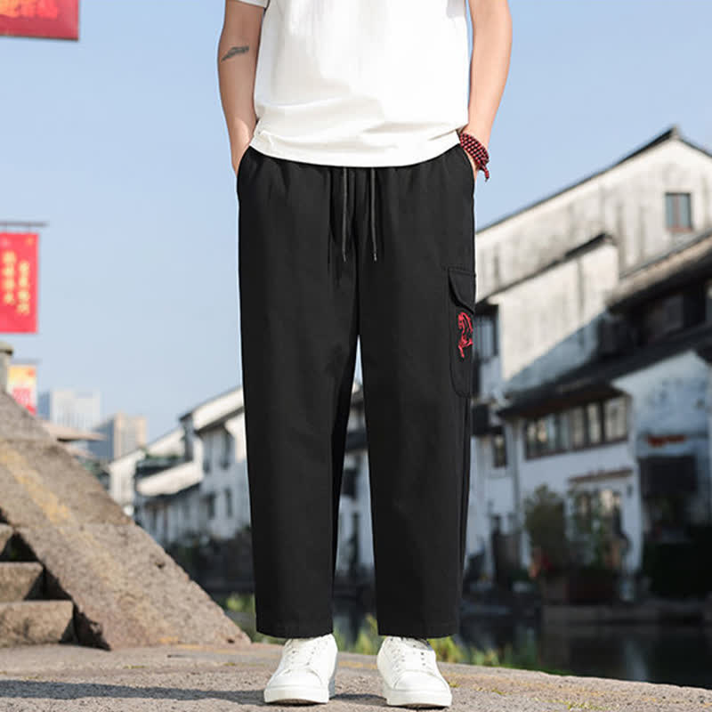 Buddha Stones Pantaloni harem da uomo estivi casual con coulisse, ricami e tasche. - image 7