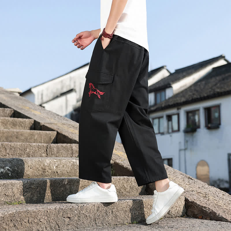 Buddha Stones Pantaloni harem da uomo estivi casual con coulisse, ricami e tasche. - image 2