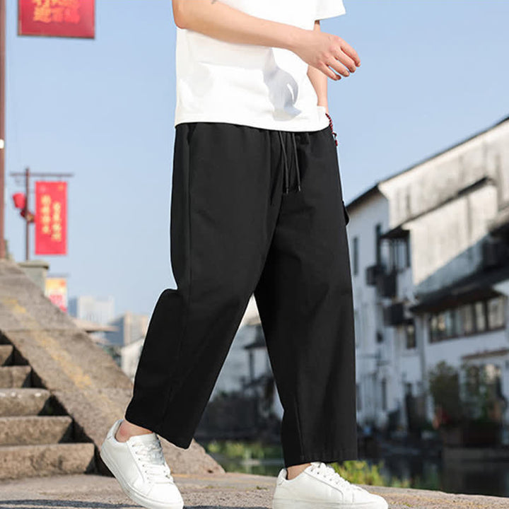 Buddha Stones Pantaloni harem da uomo estivi casual con coulisse, ricami e tasche. - image 5