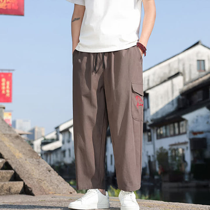 Buddha Stones Pantaloni harem da uomo estivi casual con coulisse, ricami e tasche. - image 15