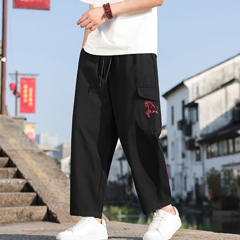 Buddha Stones Pantaloni harem da uomo estivi casual con coulisse, ricami e tasche. - image 1