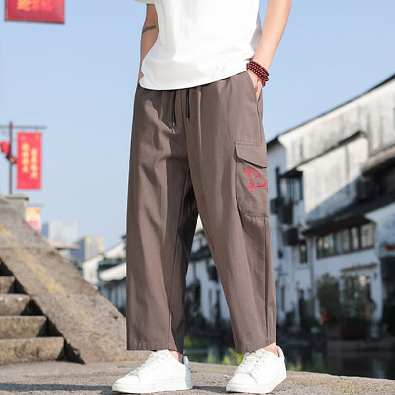 Buddha Stones Pantaloni harem da uomo estivi casual con coulisse, ricami e tasche. - image 14