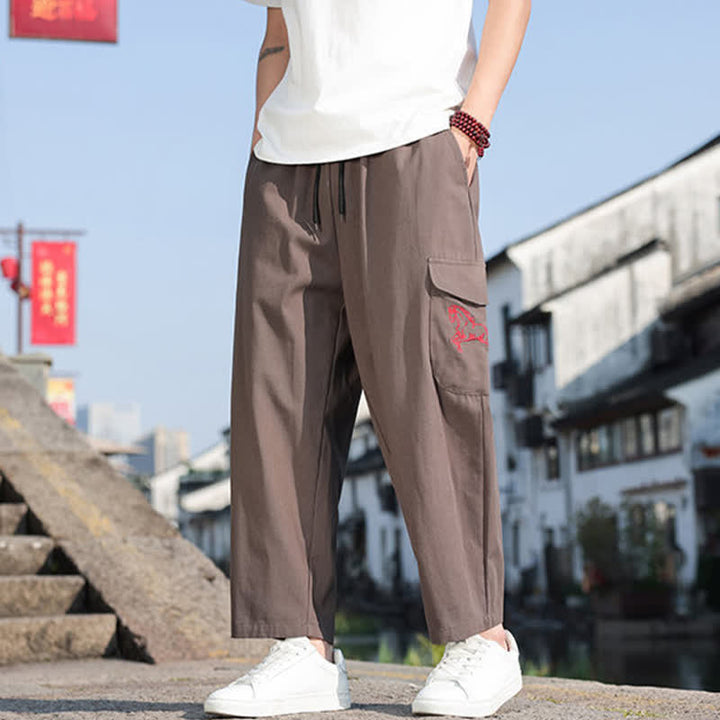 Buddha Stones Pantaloni harem da uomo estivi casual con coulisse, ricami e tasche. - image 14