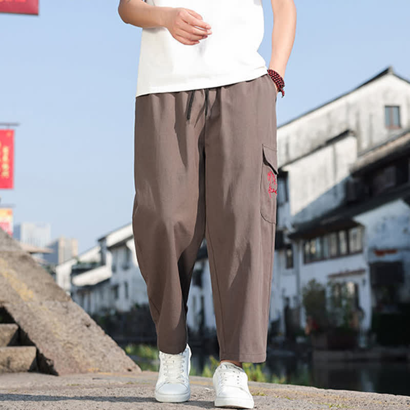Buddha Stones Pantaloni harem da uomo estivi casual con coulisse, ricami e tasche. - Cachi scuro - US/UK/AU46, EU56 (5XL) - image 13