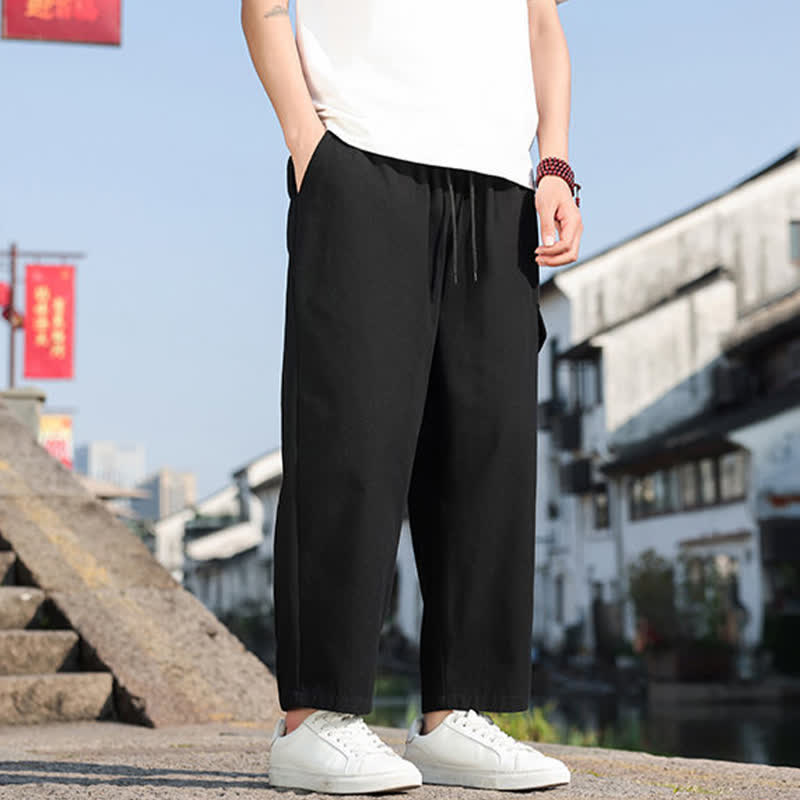Buddha Stones Pantaloni harem da uomo estivi casual con coulisse, ricami e tasche. - image 4