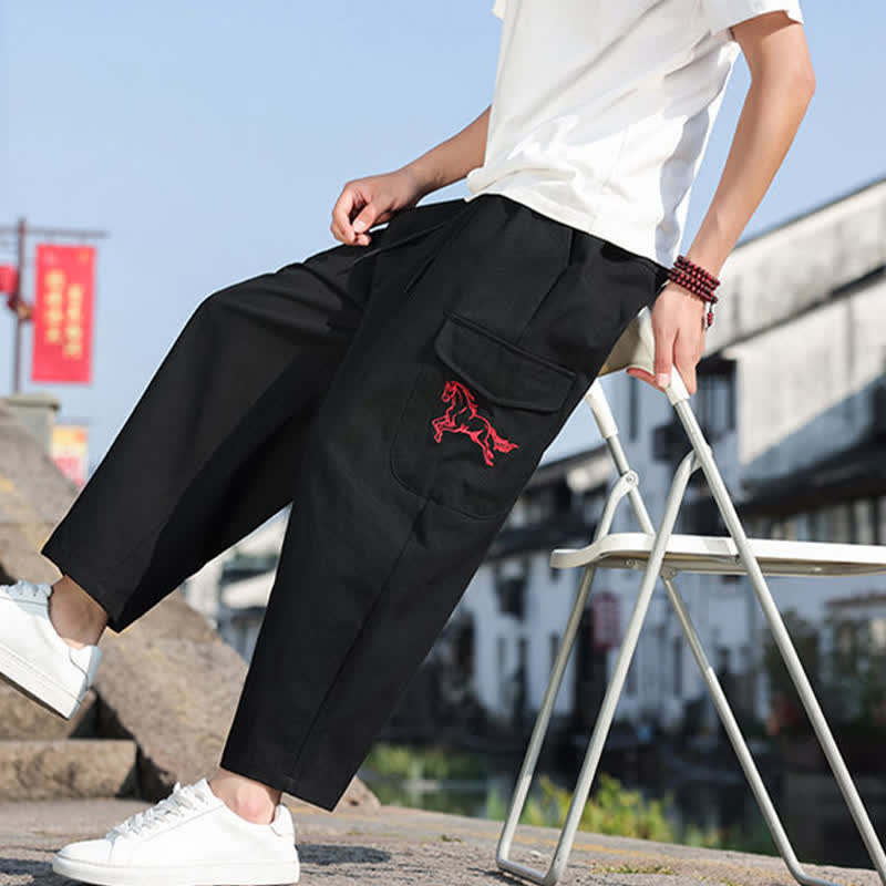 Buddha Stones Pantaloni harem da uomo estivi casual con coulisse, ricami e tasche. - image 8