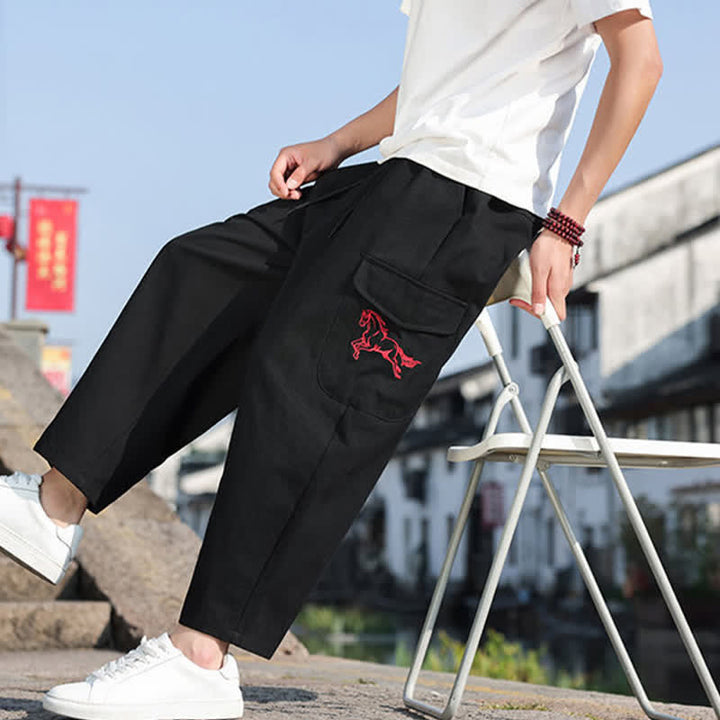 Buddha Stones Pantaloni harem da uomo estivi casual con coulisse, ricami e tasche. - image 8