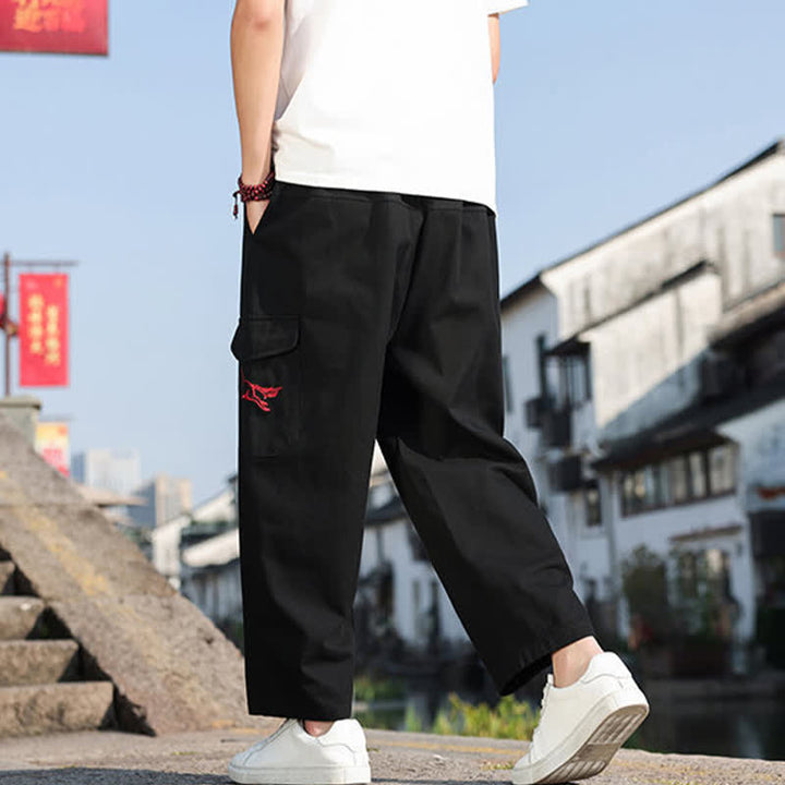 Buddha Stones Pantaloni harem da uomo estivi casual con coulisse, ricami e tasche. - image 3