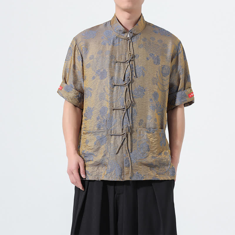 Buddha Stones Camicia da uomo a maniche corte con colletto alla coreana, stampa jacquard floreale, stile Summer Tang, con tasche. - Grigio - US/UK/AU46, EU56 (5XL) - image 0