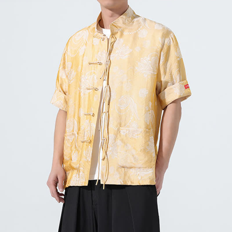 Buddha Stones Camicia da uomo a maniche corte con colletto alla coreana, stampa jacquard floreale, stile Summer Tang, con tasche. - image 20