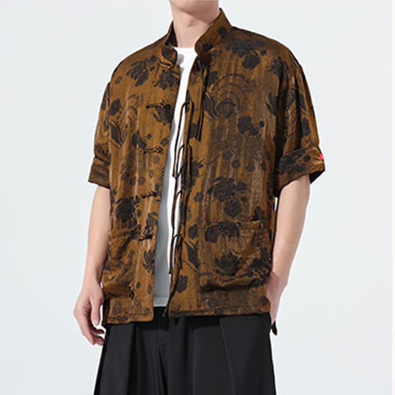 Buddha Stones Camicia da uomo a maniche corte con colletto alla coreana, stampa jacquard floreale, stile Summer Tang, con tasche. - image 26