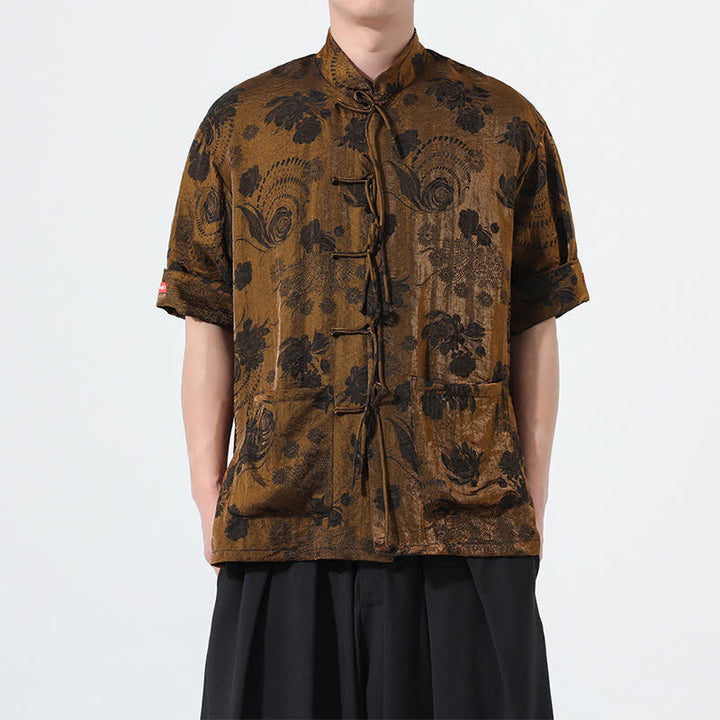 Buddha Stones Camicia da uomo a maniche corte con colletto alla coreana, stampa jacquard floreale, stile Summer Tang, con tasche. - Perù - US/UK/AU46, EU56 (5XL) - image 22