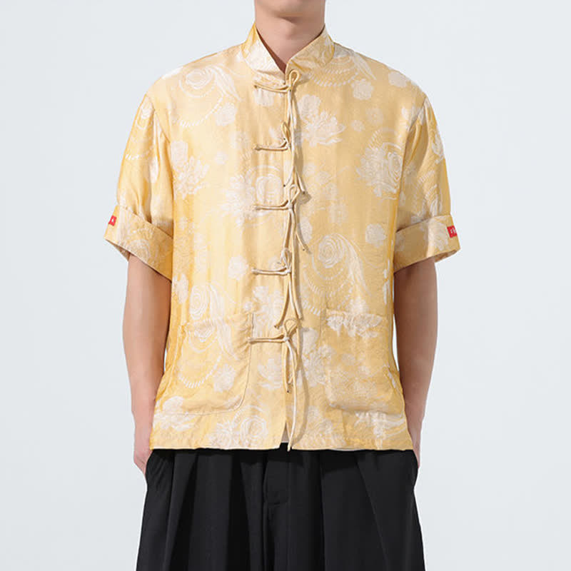 Buddha Stones Camicia da uomo a maniche corte con colletto alla coreana, stampa jacquard floreale, stile Summer Tang, con tasche. - Cachi scuro - US/UK/AU46, EU56 (5XL) - image 13