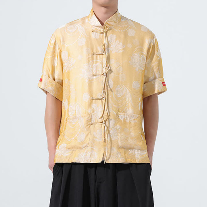 Buddha Stones Camicia da uomo a maniche corte con colletto alla coreana, stampa jacquard floreale, stile Summer Tang, con tasche. - Cachi scuro - US/UK/AU46, EU56 (5XL) - image 13