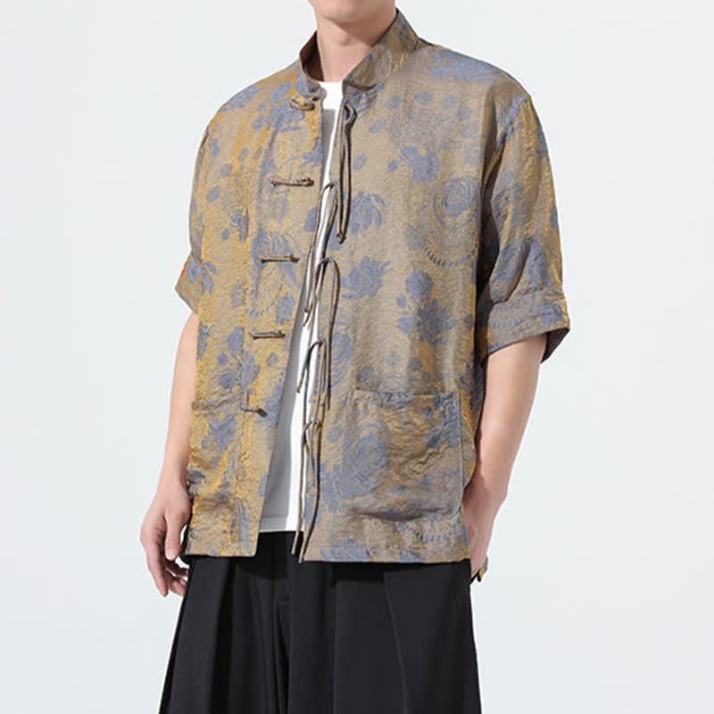 Buddha Stones Camicia da uomo a maniche corte con colletto alla coreana, stampa jacquard floreale, stile Summer Tang, con tasche. - image 2