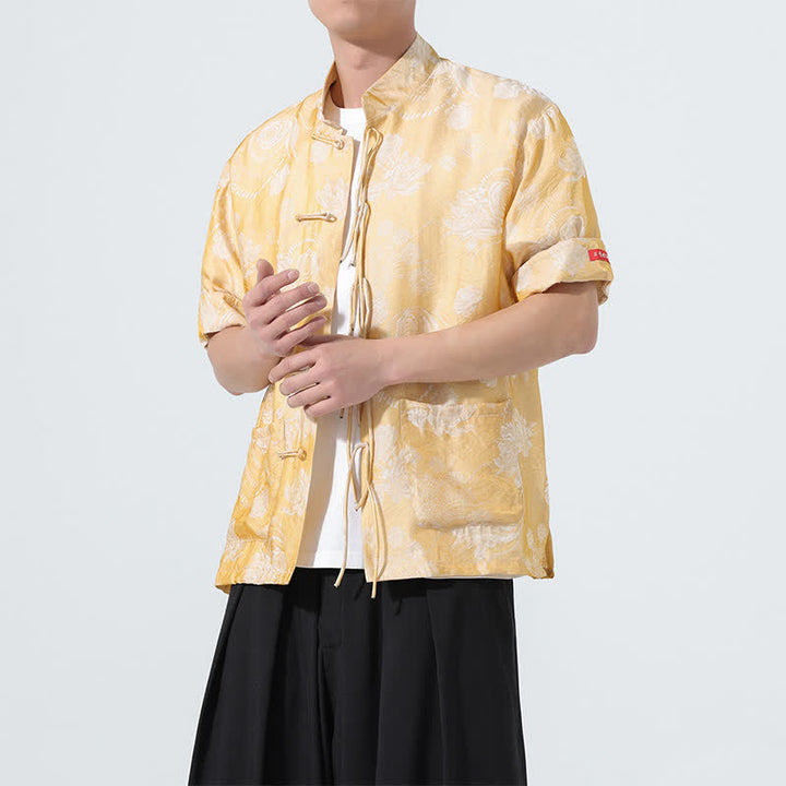 Buddha Stones Camicia da uomo a maniche corte con colletto alla coreana, stampa jacquard floreale, stile Summer Tang, con tasche. - image 19