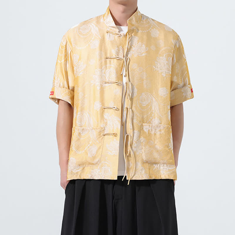 Buddha Stones Camicia da uomo a maniche corte con colletto alla coreana, stampa jacquard floreale, stile Summer Tang, con tasche. - image 14