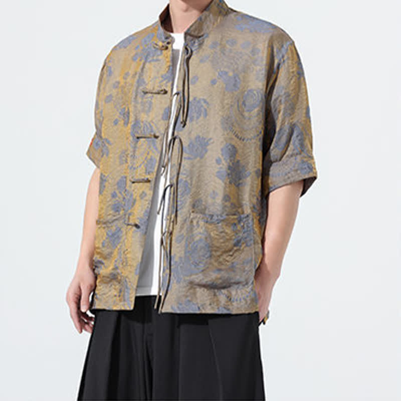 Buddha Stones Camicia da uomo a maniche corte con colletto alla coreana, stampa jacquard floreale, stile Summer Tang, con tasche. - image 7