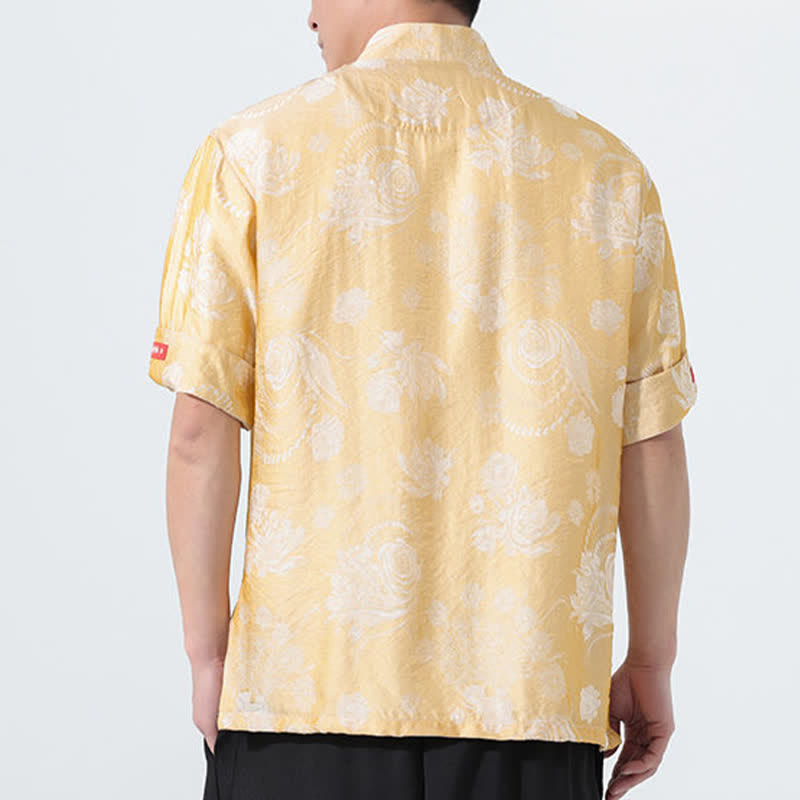 Buddha Stones Camicia da uomo a maniche corte con colletto alla coreana, stampa jacquard floreale, stile Summer Tang, con tasche. - image 16