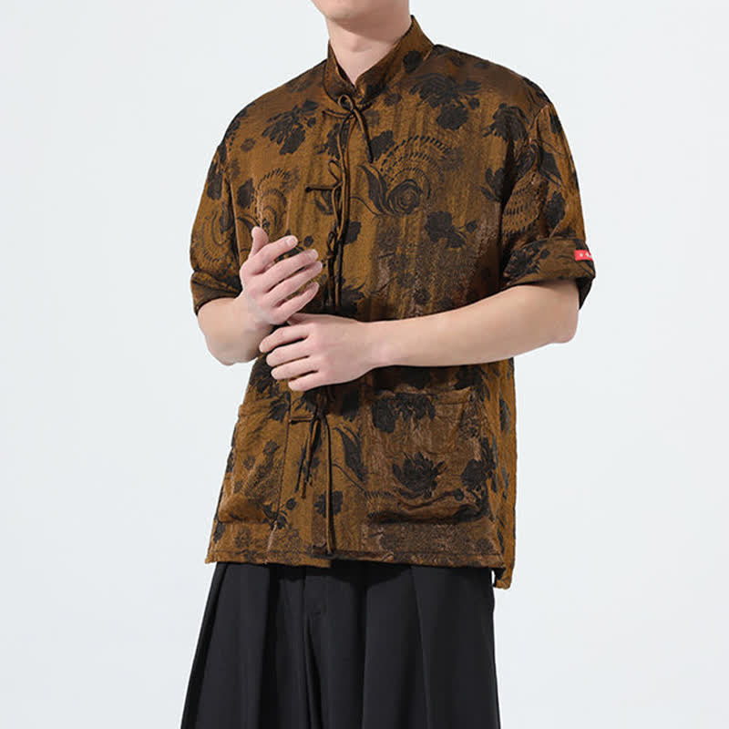 Buddha Stones Camicia da uomo a maniche corte con colletto alla coreana, stampa jacquard floreale, stile Summer Tang, con tasche. - image 28