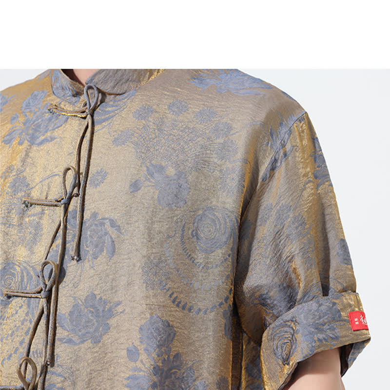 Buddha Stones Camicia da uomo a maniche corte con colletto alla coreana, stampa jacquard floreale, stile Summer Tang, con tasche. - image 10
