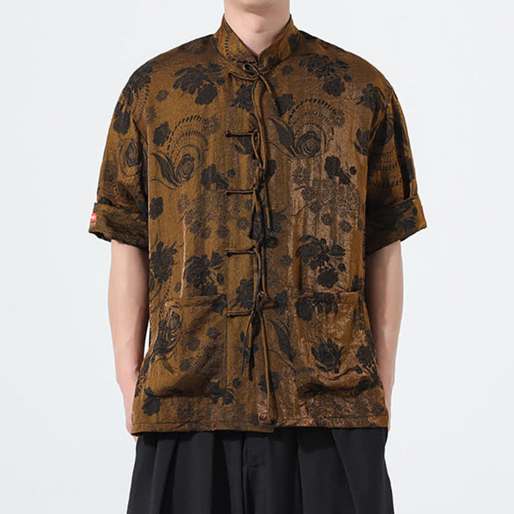 Buddha Stones Camicia da uomo a maniche corte con colletto alla coreana, stampa jacquard floreale, stile Summer Tang, con tasche. - image 29