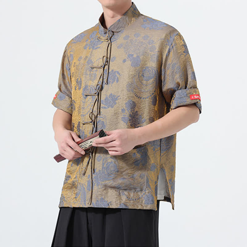 Buddha Stones Camicia da uomo a maniche corte con colletto alla coreana, stampa jacquard floreale, stile Summer Tang, con tasche. - image 5