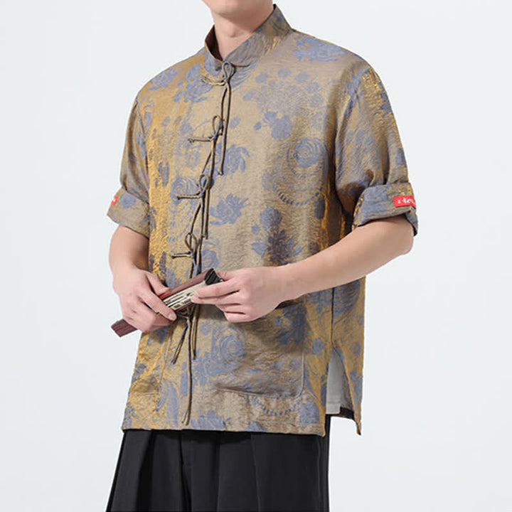 Buddha Stones Camicia da uomo a maniche corte con colletto alla coreana, stampa jacquard floreale, stile Summer Tang, con tasche. - image 5