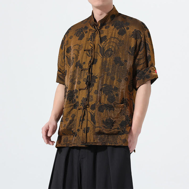 Buddha Stones Camicia da uomo a maniche corte con colletto alla coreana, stampa jacquard floreale, stile Summer Tang, con tasche. - image 27