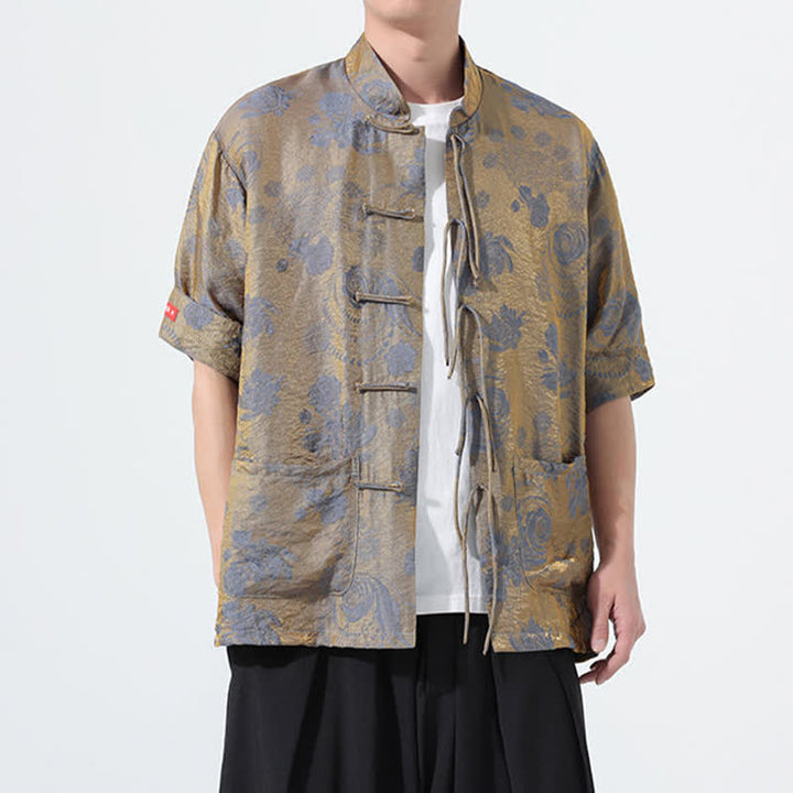 Buddha Stones Camicia da uomo a maniche corte con colletto alla coreana, stampa jacquard floreale, stile Summer Tang, con tasche. - image 3