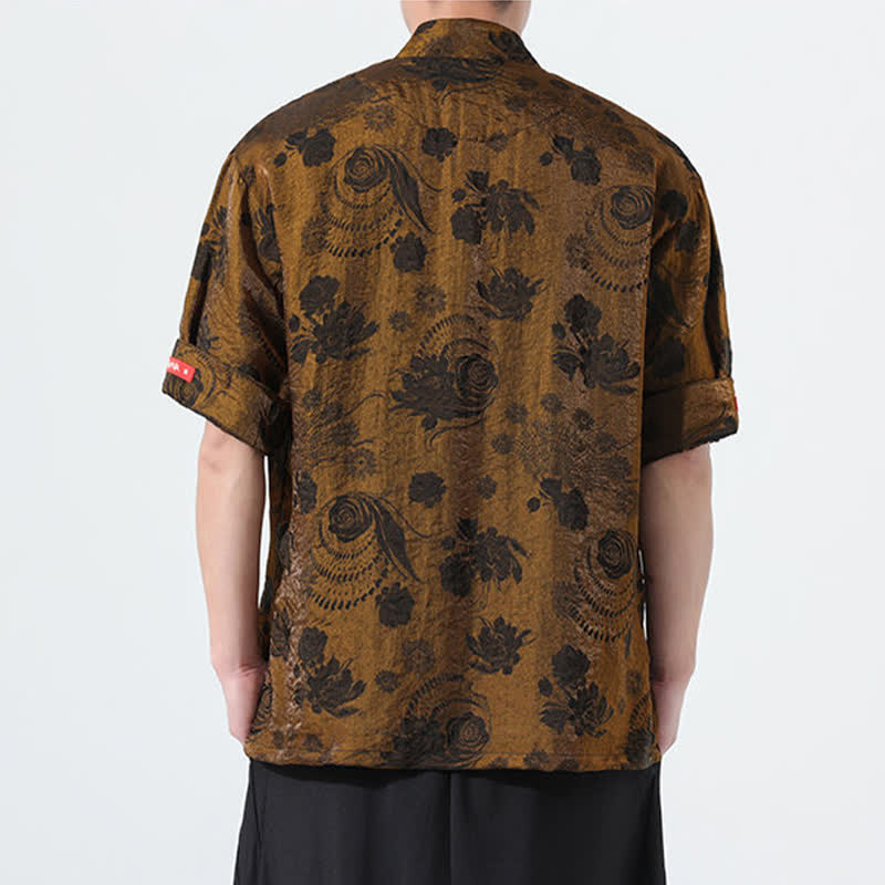 Buddha Stones Camicia da uomo a maniche corte con colletto alla coreana, stampa jacquard floreale, stile Summer Tang, con tasche. - image 23