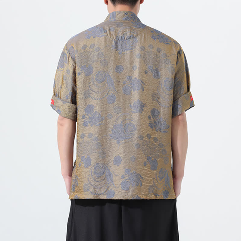 Buddha Stones Camicia da uomo a maniche corte con colletto alla coreana, stampa jacquard floreale, stile Summer Tang, con tasche. - image 1