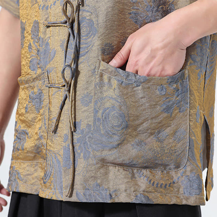 Buddha Stones Camicia da uomo a maniche corte con colletto alla coreana, stampa jacquard floreale, stile Summer Tang, con tasche. - image 12