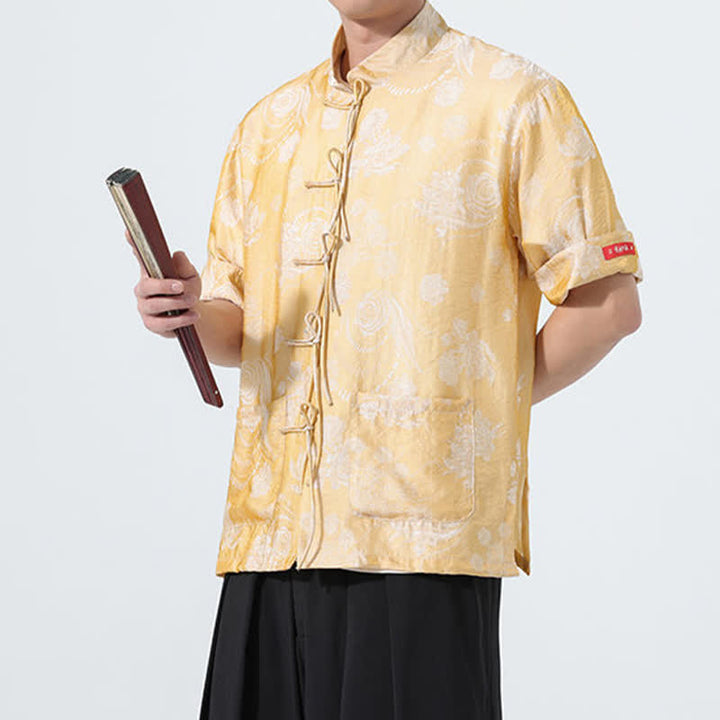 Buddha Stones Camicia da uomo a maniche corte con colletto alla coreana, stampa jacquard floreale, stile Summer Tang, con tasche. - image 18