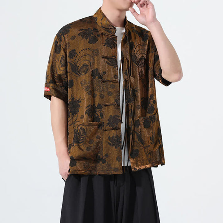 Buddha Stones Camicia da uomo a maniche corte con colletto alla coreana, stampa jacquard floreale, stile Summer Tang, con tasche. - image 24