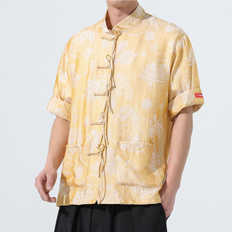Buddha Stones Camicia da uomo a maniche corte con colletto alla coreana, stampa jacquard floreale, stile Summer Tang, con tasche. - image 17