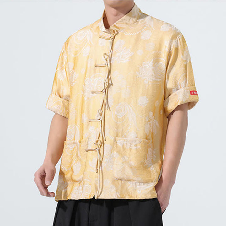 Buddha Stones Camicia da uomo a maniche corte con colletto alla coreana, stampa jacquard floreale, stile Summer Tang, con tasche. - image 17