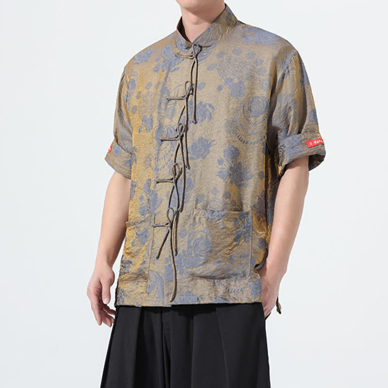 Buddha Stones Camicia da uomo a maniche corte con colletto alla coreana, stampa jacquard floreale, stile Summer Tang, con tasche. - image 6