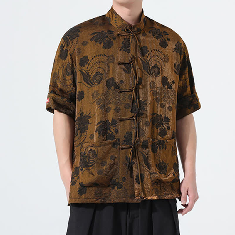 Buddha Stones Camicia da uomo a maniche corte con colletto alla coreana, stampa jacquard floreale, stile Summer Tang, con tasche. - image 25