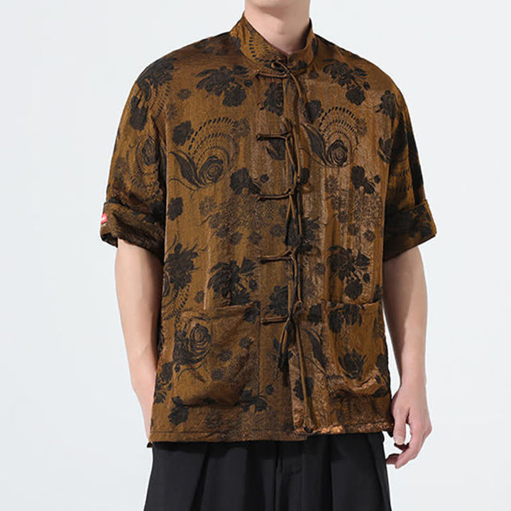 Buddha Stones Camicia da uomo a maniche corte con colletto alla coreana, stampa jacquard floreale, stile Summer Tang, con tasche. - image 25