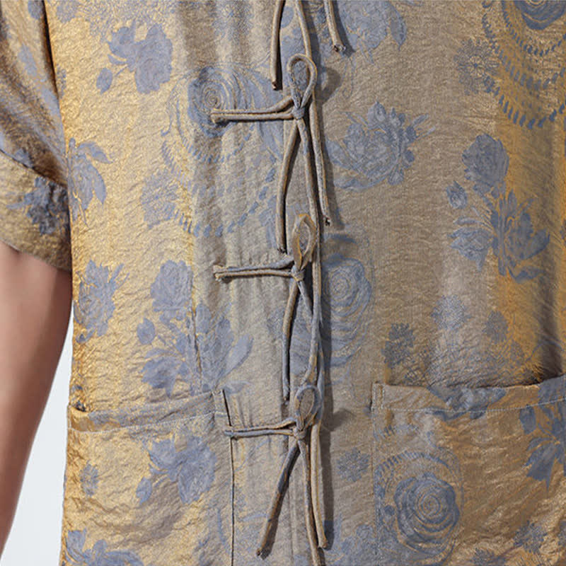 Buddha Stones Camicia da uomo a maniche corte con colletto alla coreana, stampa jacquard floreale, stile Summer Tang, con tasche. - image 11