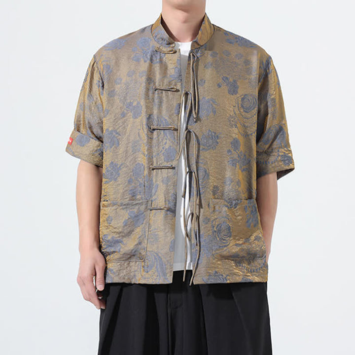 Buddha Stones Camicia da uomo a maniche corte con colletto alla coreana, stampa jacquard floreale, stile Summer Tang, con tasche. - image 4