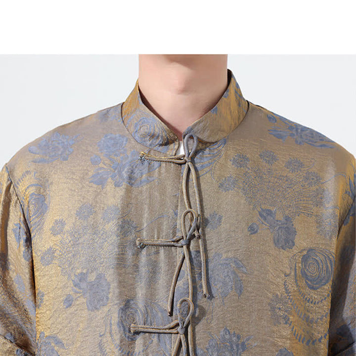 Buddha Stones Camicia da uomo a maniche corte con colletto alla coreana, stampa jacquard floreale, stile Summer Tang, con tasche. - image 9